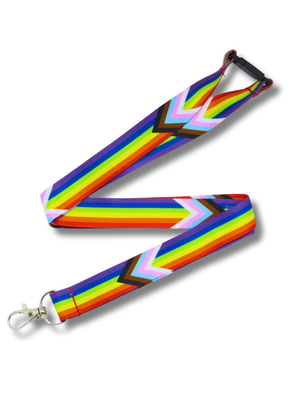 Pride RPET stock lanyard featuring a progress pride rainbow chevron stripe design with a silver lobster clip and black safety breakaway clip, on a white background.